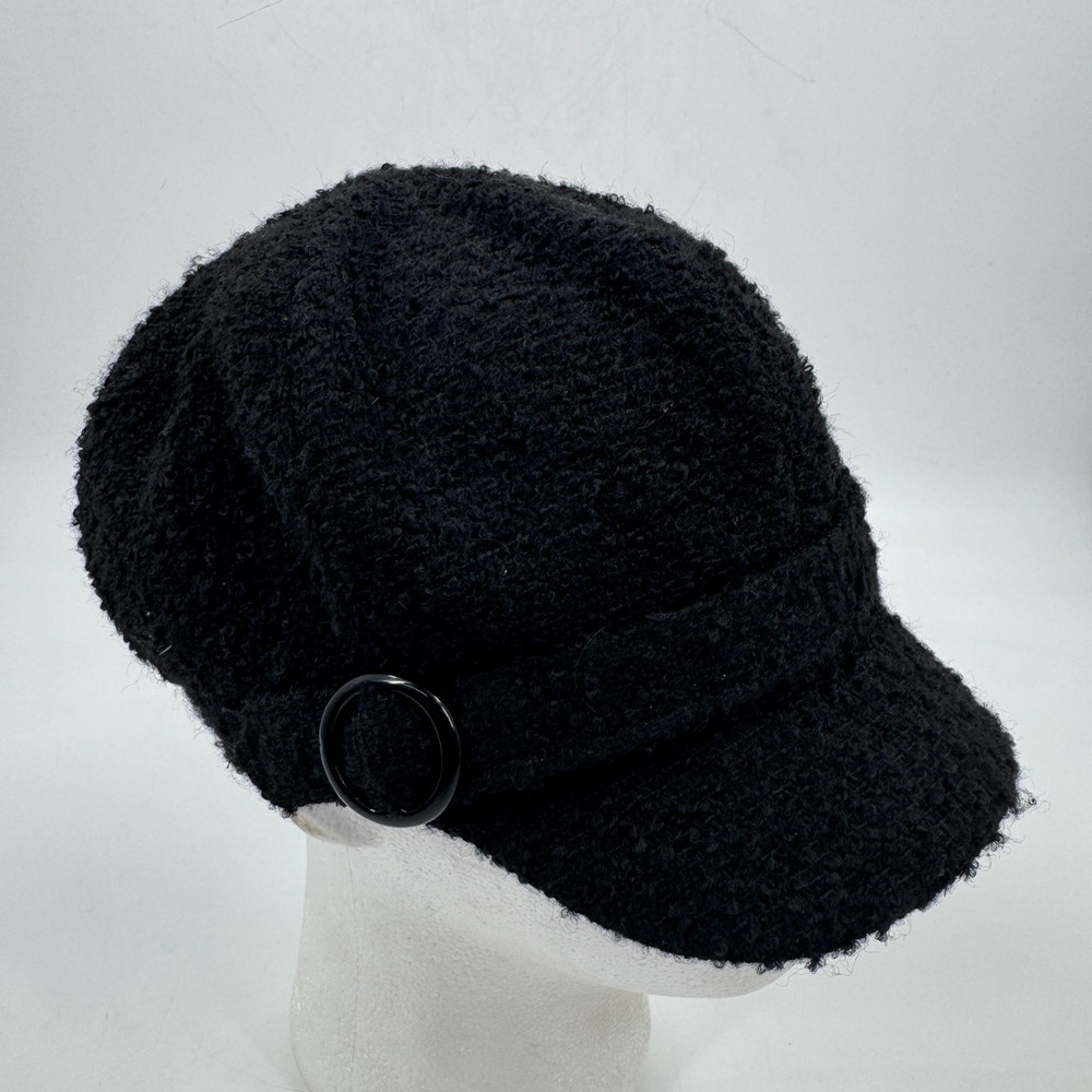 Scala Newsboy Cap Womens One Size Black Boucle Paisley Lined Buckle Accent
